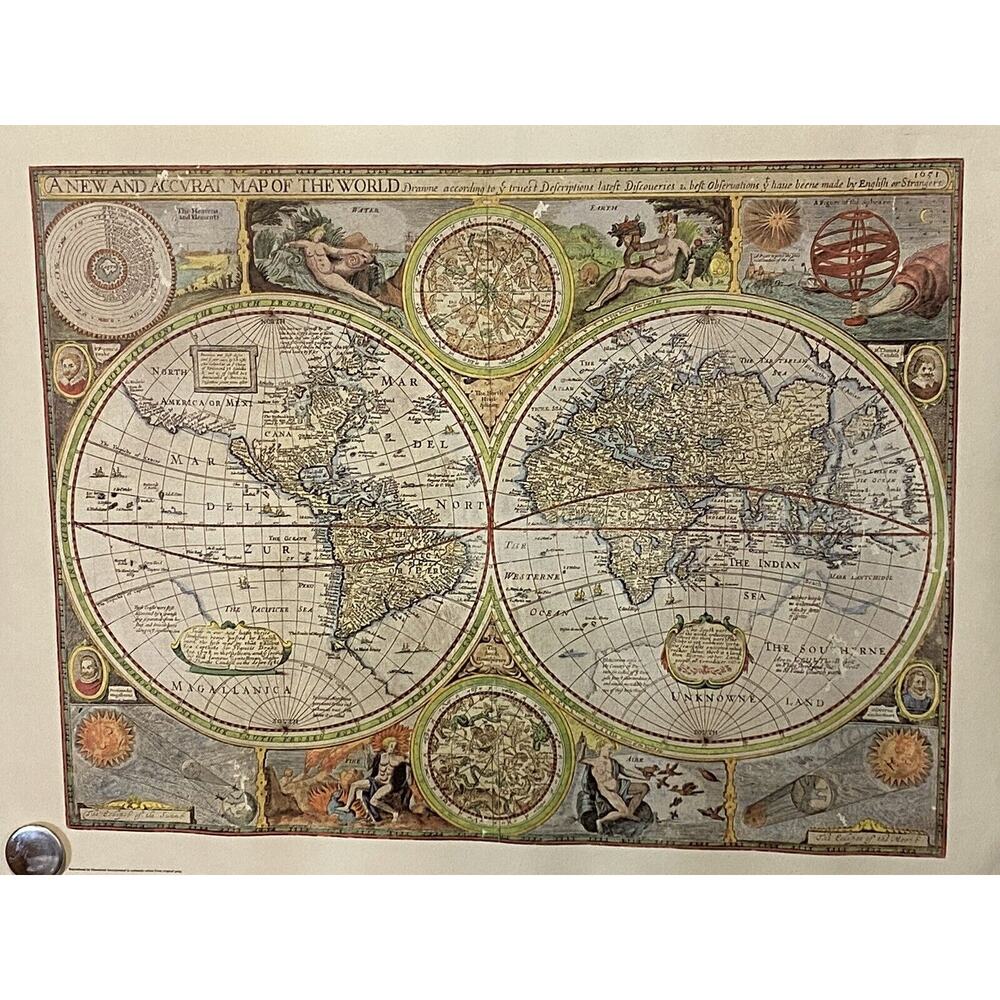 Vintage World Map Reproduction Hammond Original Print Small Flaws Unframed